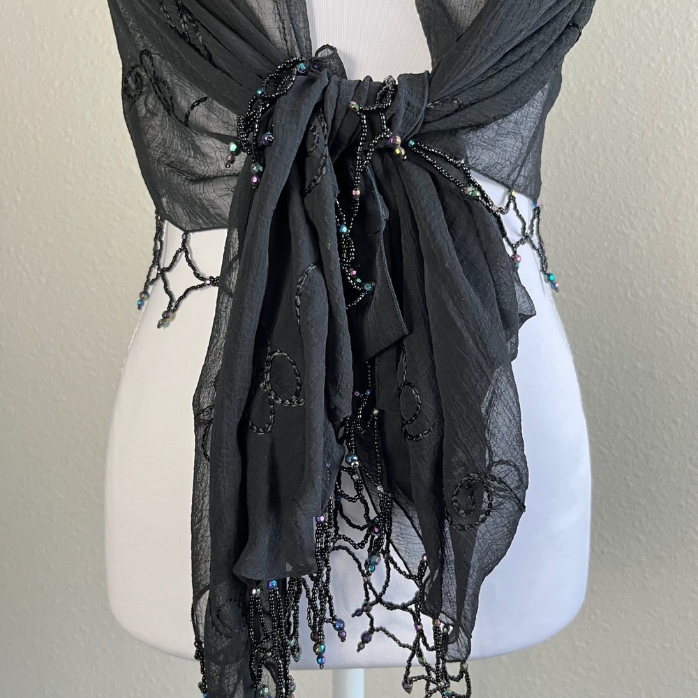 VTG Black Beaded Floral Embroidered Sheer Shawl Wrap Fringe Whimsigoth Vamp Y2K - Picture 4 of 9